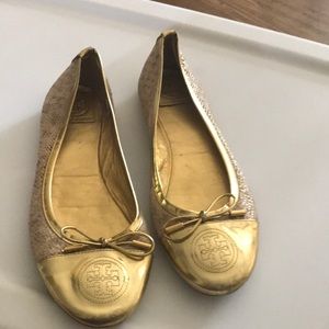 Tory Burch gold and snake skinish flats
